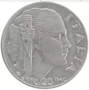 Монета 20 чентезимо Италии 1940 года Медно-никель Витторио Эммануил III