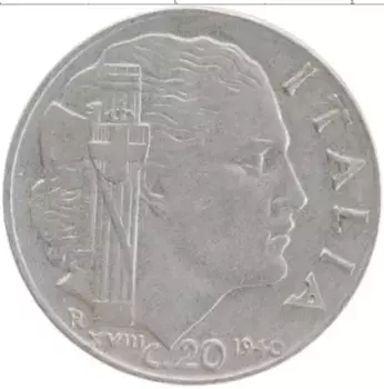 Монета 20 чентезимо Италии 1940 года Медно-никель Витторио Эммануил III