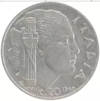 Монета 20 чентезимо Италии 1940 года Медно-никель Витторио Эммануил III