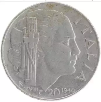 Монета 20 чентезимо Италии 1940 года Медно-никель Витторио Эммануил III