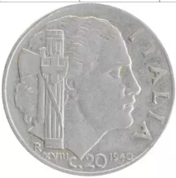 Монета 20 чентезимо Италии 1940 года Медно-никель Витторио Эммануил III