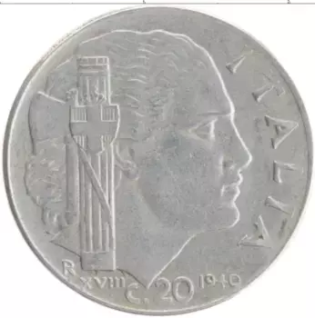 Монета 20 чентезимо Италии 1940 года Медно-никель Витторио Эммануил III