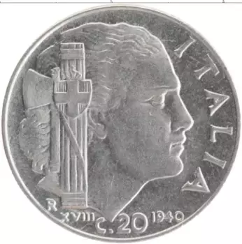 Монета 20 чентезимо Италии 1940 года Медно-никель Витторио Эмануил III