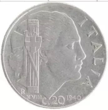 Монета 20 чентезимо Италии 1940 года Медно-никель Витторио Эммануил III