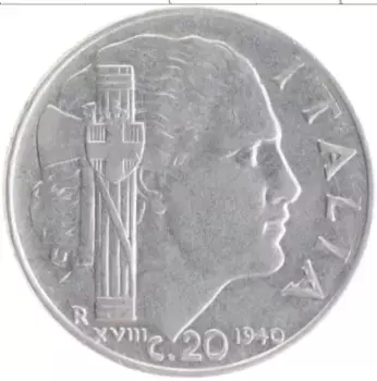 Монета 20 чентезимо Италии 1940 года Медно-никель Витторио Эммануил III