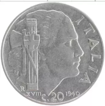 Монета 20 чентезимо Италии 1940 года Медно-никель Витторио Эммануил III