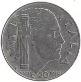Монета 20 чентезимо Италии 1940 года Медно-никель Витторио Эммануил III
