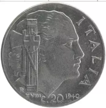 Монета 20 чентезимо Италии 1940 года Сталь Витторио Эммануил III