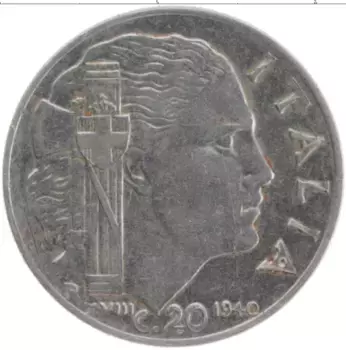 Монета 20 чентезимо Италии 1940 года Железо Виктор Эммануил III
