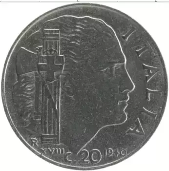 Монета 20 чентезимо Италии 1940 года Железо Витторио Эммануил III