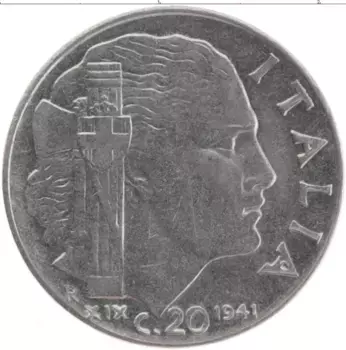 Монета 20 чентезимо Италии 1941 года Медно-никель Виктор Эммануил III