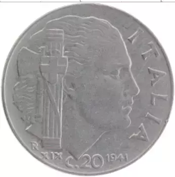 Монета 20 чентезимо Италии 1941 года Медно-никель Виктор Эммануил III