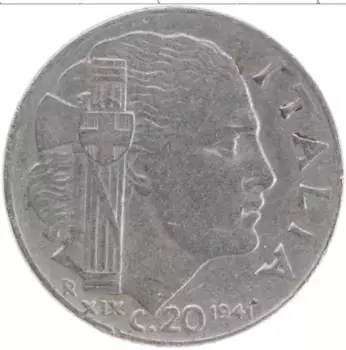 Монета 20 чентезимо Италии 1941 года Медно-никель Виктор Эммануил III