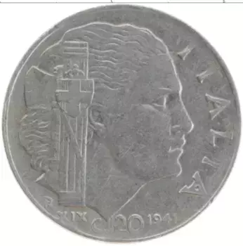 Монета 20 чентезимо Италии 1941 года Медно-никель Виктор Эммануил III