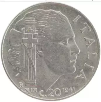 Монета 20 чентезимо Италии 1941 года Медно-никель Витторио Эммануил III