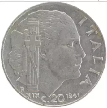Монета 20 чентезимо Италии 1941 года Медно-никель Витторио Эммануил III