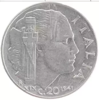 Монета 20 чентезимо Италии 1941 года Медно-никель Витторио Эммануил III