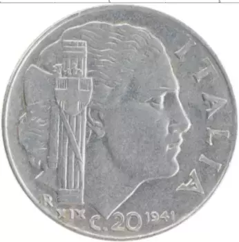 Монета 20 чентезимо Италии 1941 года Медно-никель Витторио Эммануил III