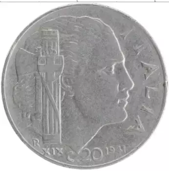 Монета 20 чентезимо Италии 1941 года Медно-никель Витторио Эммануил III