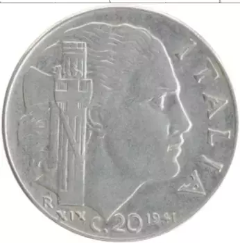 Монета 20 чентезимо Италии 1941 года Медно-никель Витторио Эммануил III