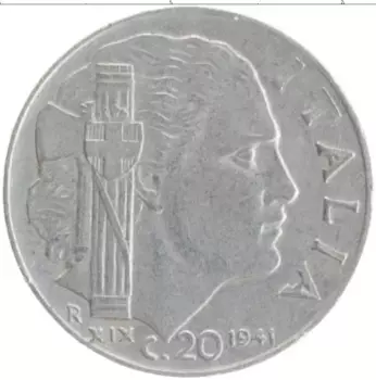 Монета 20 чентезимо Италии 1941 года Медно-никель Витторио Эммануил III