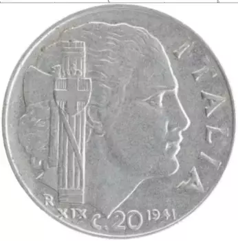 Монета 20 чентезимо Италии 1941 года Медно-никель Витторио Эммануил III