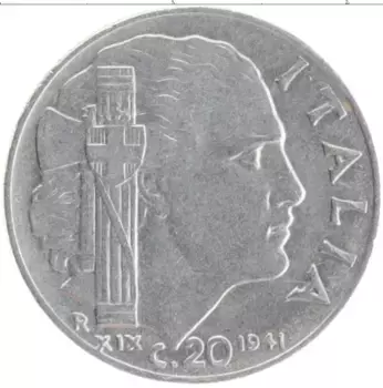 Монета 20 чентезимо Италии 1941 года Медно-никель Витторио Эммануил III