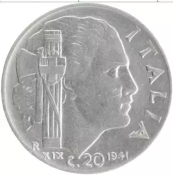 Монета 20 чентезимо Италии 1941 года Медно-никель Витторио Эммануил III