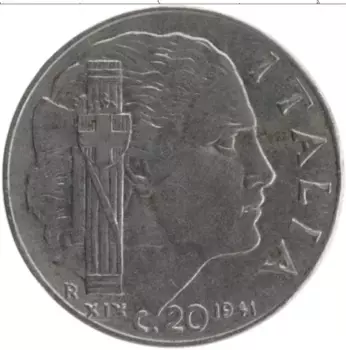 Монета 20 чентезимо Италии 1941 года Медно-никель Витторио Эммануил III