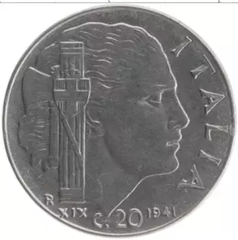 Монета 20 чентезимо Италии 1941 года Медно-никель Витторио Эммануил III