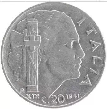 Монета 20 чентезимо Италии 1941 года Медно-никель Витторио Эмануил III