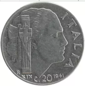 Монета 20 чентезимо Италии 1941 года Медно-никель Витторио Эммануил III