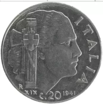 Монета 20 чентезимо Италии 1941 года Медно-никель Витторио Эммануил III