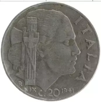 Монета 20 чентезимо Италии 1941 года Сталь Витторио Эммануил III