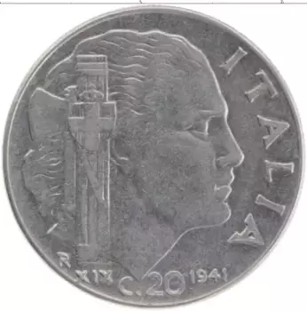 Монета 20 чентезимо Италии 1941 года Железо Виктор Эммануил III