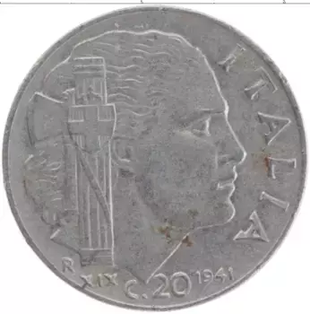 Монета 20 чентезимо Италии 1941 года Железо Виктор Эммануил III