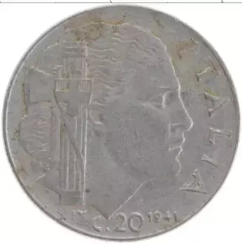 Монета 20 чентезимо Италии 1941 года Железо Виктор Эммануил III