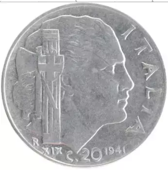Монета 20 чентезимо Италии 1941 года Железо Витторио Эмануил III