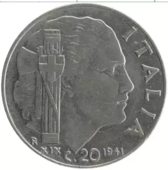 Монета 20 чентезимо Италии 1941 года Железо Витторио Иммануил III