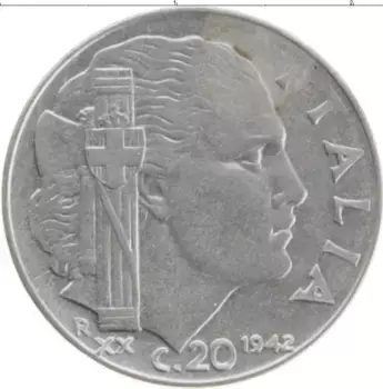 Монета 20 чентезимо Италии 1942 года Медно-никель Виктор Эммануил III