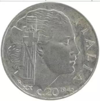 Монета 20 чентезимо Италии 1942 года Медно-никель Виктор Эммануил III
