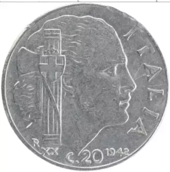 Монета 20 чентезимо Италии 1942 года Медно-никель Виктор Эммануил III