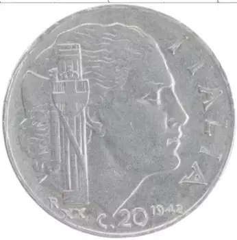 Монета 20 чентезимо Италии 1942 года Медно-никель