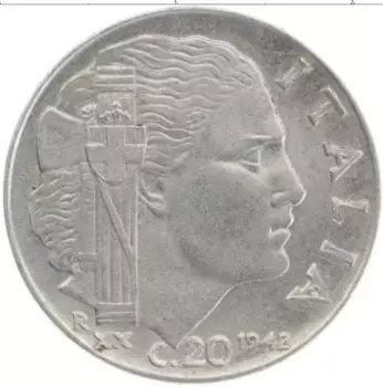 Монета 20 чентезимо Италии 1942 года Медно-никель Виктор Эммануил III