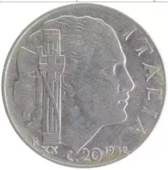 Монета 20 чентезимо Италии 1942 года Медно-никель Витторио Эммануил III