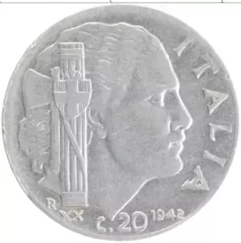 Монета 20 чентезимо Италии 1942 года Медно-никель Витторио Эммануил III