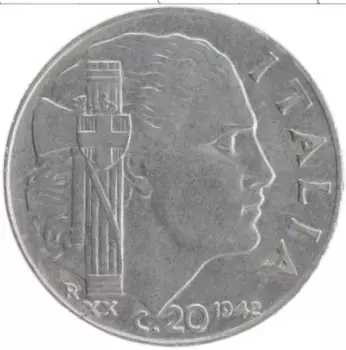 Монета 20 чентезимо Италии 1942 года Медно-никель Витторио Эммануил III