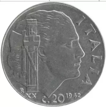 Монета 20 чентезимо Италии 1942 года Медно-никель Витторио Эммануил III