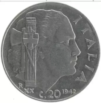 Монета 20 чентезимо Италии 1942 года Сталь Витторио Имануил III