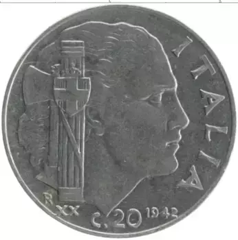 Монета 20 чентезимо Италии 1942 года Железо Витторио Иммануил III